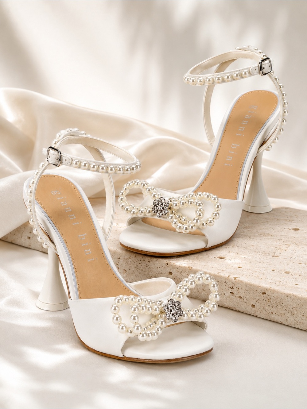 Gianni Bini HaydnTwo White Satin Pearl Bow Ankle Strap Dress Sandals Size 8.5M